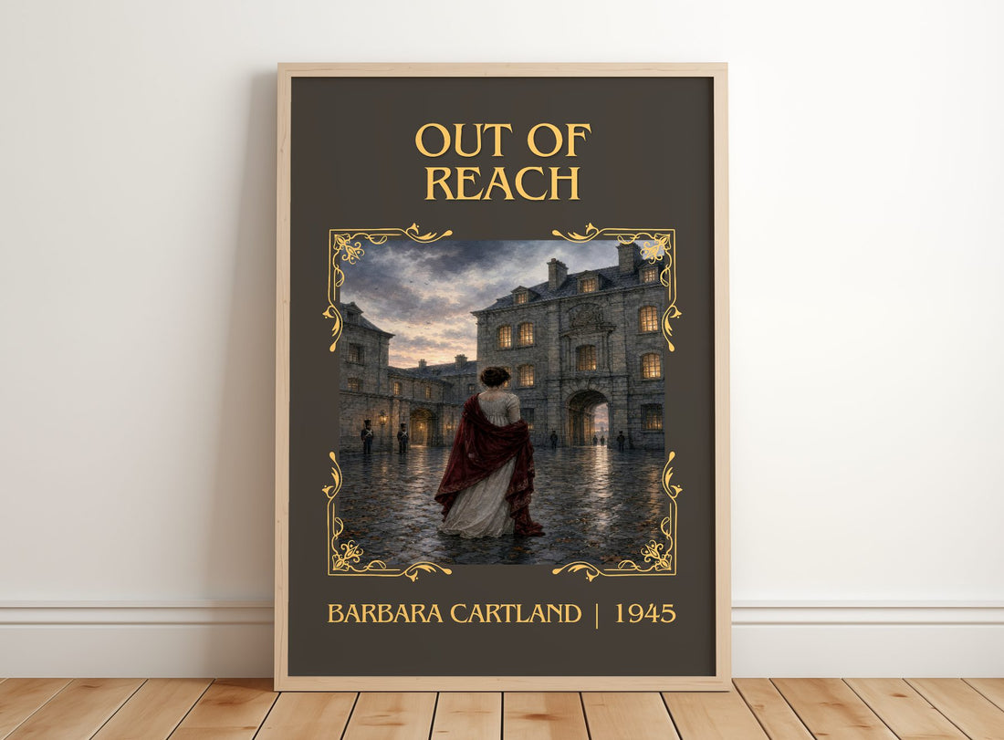 Out Of Reach Classic Book Art Print by Barbara Cartland – framed print leaning on a wooden floor