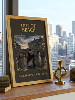 Out Of Reach Classic Book Art Print by Barbara Cartland – framed print on a city-view windowsill
