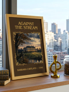 Against The Stream Classic Book Art Print by Barbara Cartland – framed print on a city-view windowsill