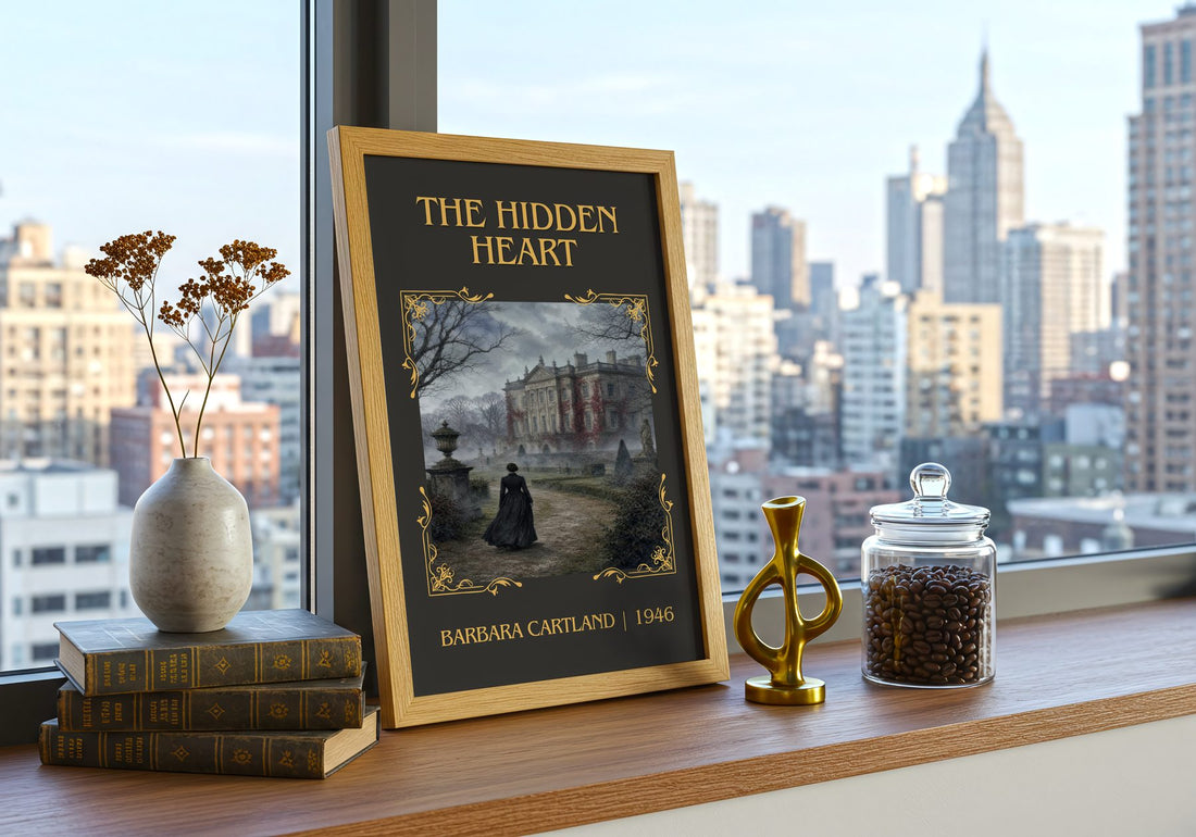 The Hidden Heart Classic Book Art Print by Barbara Cartland – framed print on a city-view windowsill