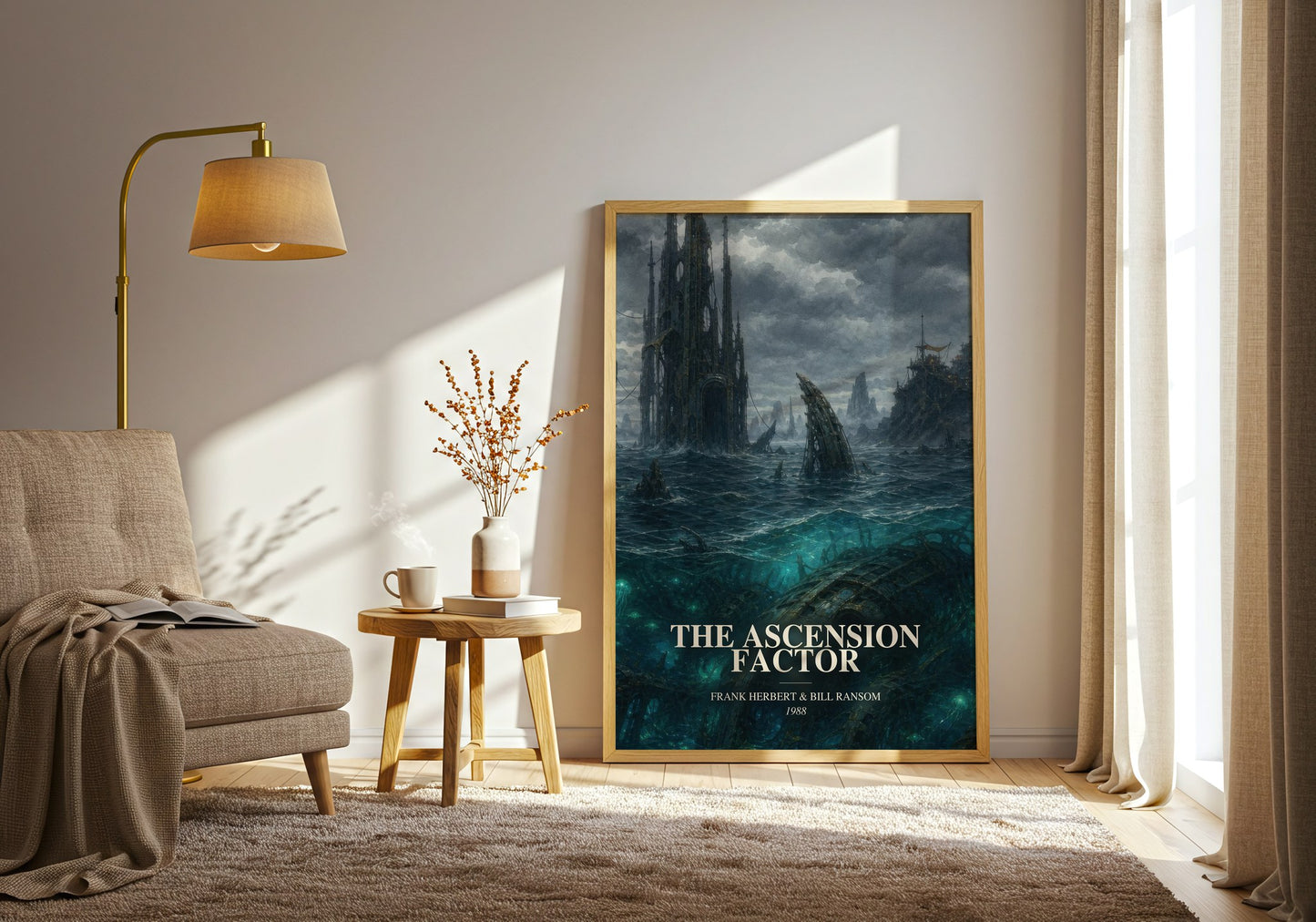 The Ascension Factor watercolour print in frame leaning in hallway – sci fi wall art