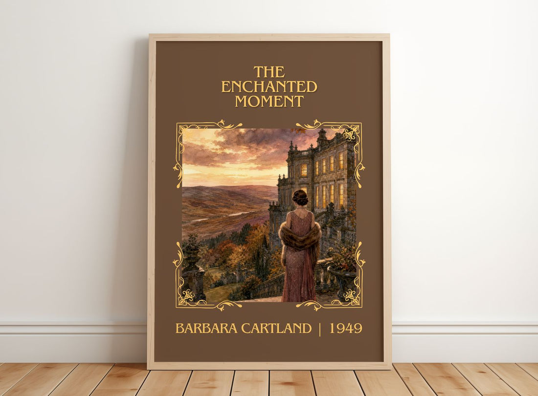 The Enchanted Moment Classic Book Art Print by Barbara Cartland – framed print leaning on a wooden floor