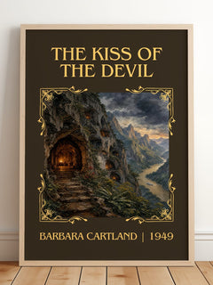 The Kiss Of The Devil Classic Book Art Print by Barbara Cartland – framed print leaning on a wooden floor