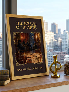 The Knave Of Hearts Classic Book Art Print by Barbara Cartland – framed print on a city-view windowsill