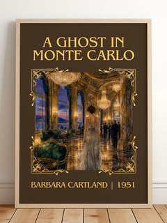 A Ghost In Monte Carlo Classic Book Art Print by Barbara Cartland – framed print leaning on a wooden floor