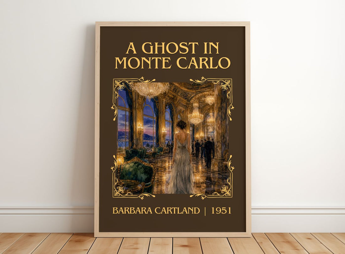 A Ghost In Monte Carlo Classic Book Art Print by Barbara Cartland – framed print leaning on a wooden floor