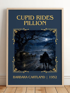 Cupid Rides Pillion Classic Book Art Print by Barbara Cartland – framed print leaning on a wooden floor