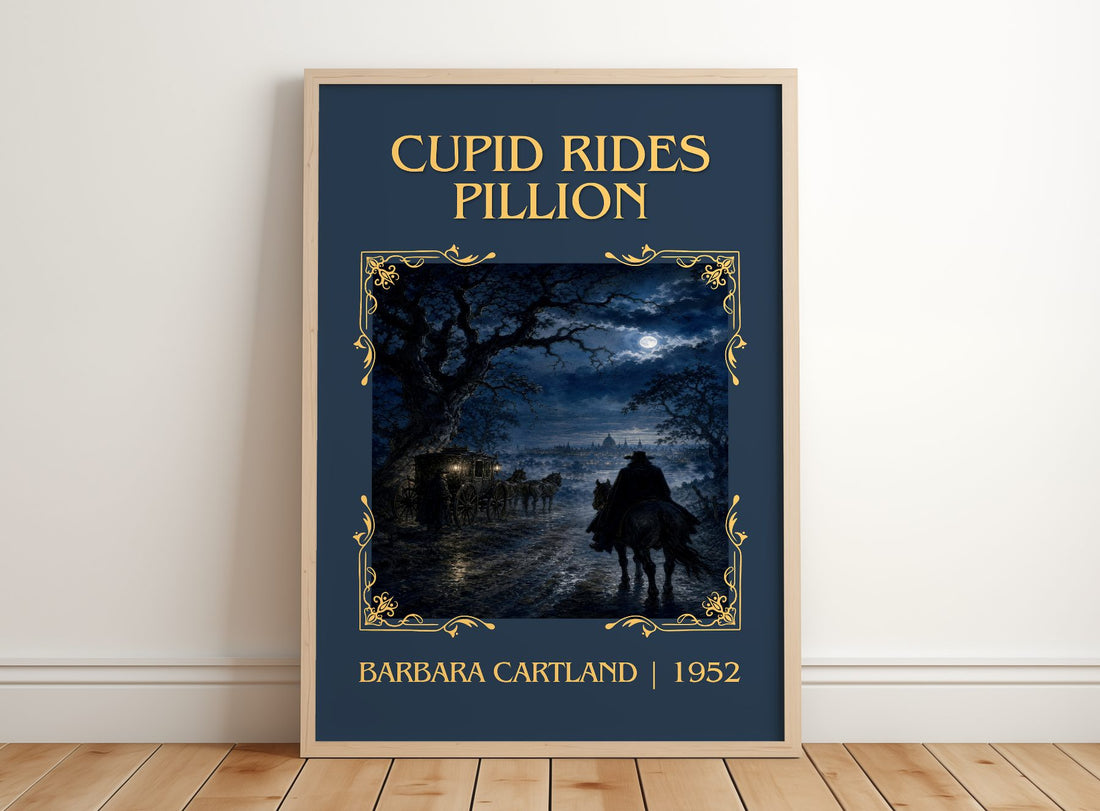 Cupid Rides Pillion Classic Book Art Print by Barbara Cartland – framed print leaning on a wooden floor