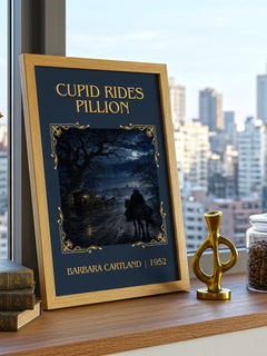 Cupid Rides Pillion Classic Book Art Print by Barbara Cartland – framed print on a city-view windowsill