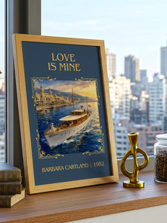 Love Is Mine Classic Book Art Print by Barbara Cartland – framed print on a city-view windowsill