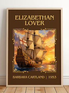 Elizabethan Lover Classic Book Art Print by Barbara Cartland – framed print leaning on a wooden floor