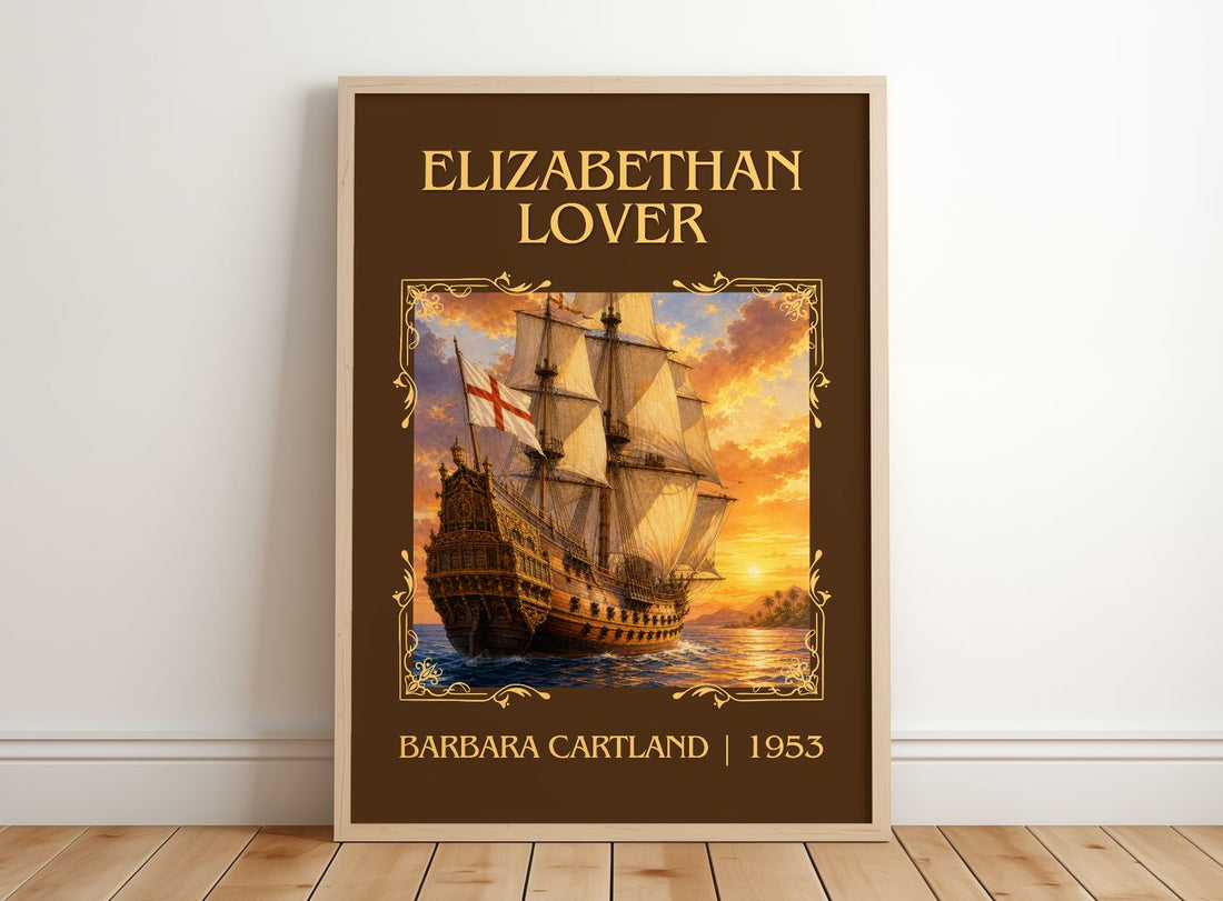 Elizabethan Lover Classic Book Art Print by Barbara Cartland – framed print leaning on a wooden floor
