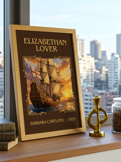 Elizabethan Lover Classic Book Art Print by Barbara Cartland – framed print on a city-view windowsill