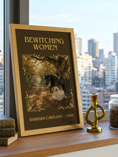 Bewitching Women Classic Book Art Print by Barbara Cartland – framed print on a city-view windowsill