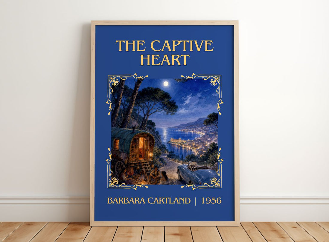The Captive Heart Classic Book Art Print by Barbara Cartland – framed print leaning on a wooden floor