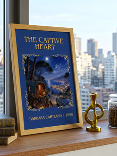 The Captive Heart Classic Book Art Print by Barbara Cartland – framed print on a city-view windowsill