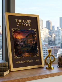 The Coin Of Love Classic Book Art Print by Barbara Cartland – framed print on a city-view windowsill