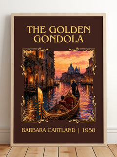 The Golden Gondola Classic Book Art Print by Barbara Cartland – framed print leaning on a wooden floor