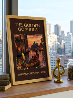The Golden Gondola Classic Book Art Print by Barbara Cartland – framed print on a city-view windowsill