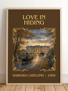 Love In Hiding Classic Book Art Print by Barbara Cartland – framed print leaning on a wooden floor