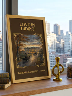 Love In Hiding Classic Book Art Print by Barbara Cartland – framed print on a city-view windowsill