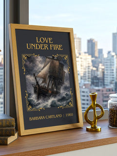 Love Under Fire Classic Book Art Print by Barbara Cartland – framed print on a city-view windowsill