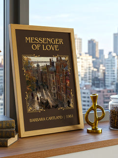 Messenger Of Love Classic Book Art Print by Barbara Cartland – framed print on a city-view windowsill