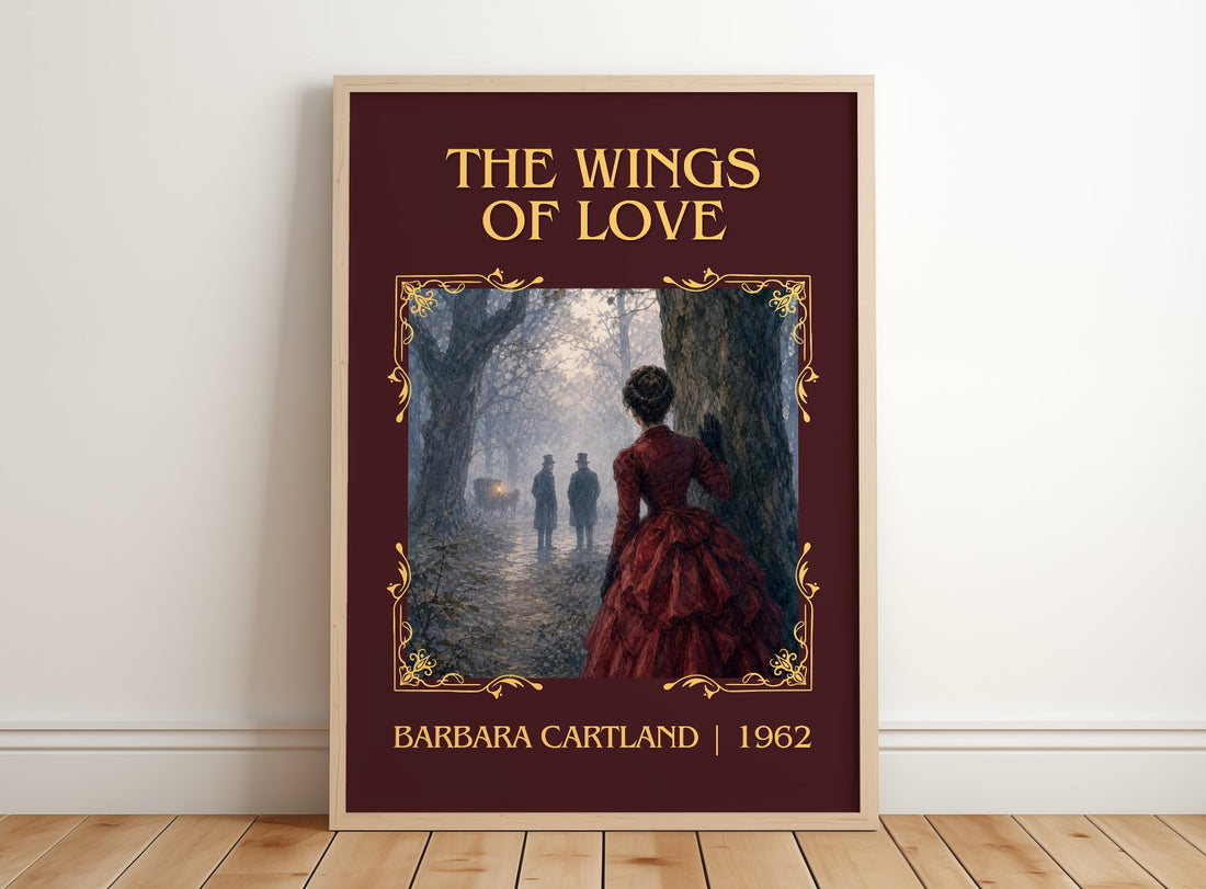 The Wings Of Love Classic Book Art Print by Barbara Cartland – framed print leaning on a wooden floor