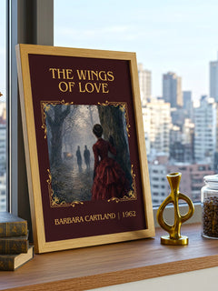 The Wings Of Love Classic Book Art Print by Barbara Cartland – framed print on a city-view windowsill