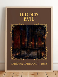 Hidden Evil Classic Book Art Print by Barbara Cartland – framed print leaning on a wooden floor