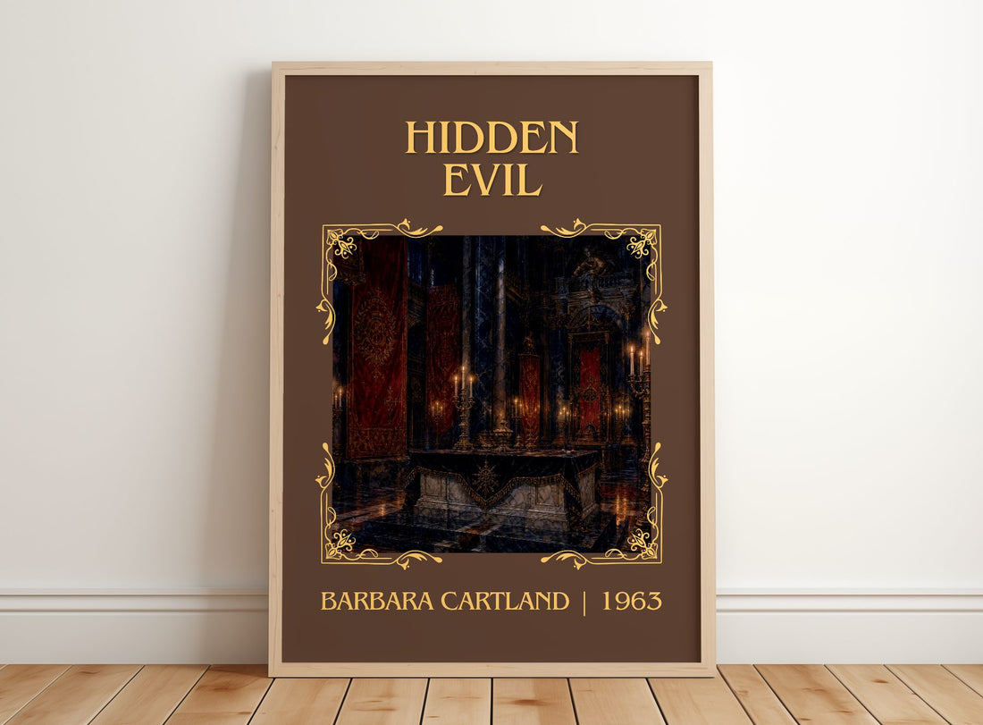Hidden Evil Classic Book Art Print by Barbara Cartland – framed print leaning on a wooden floor