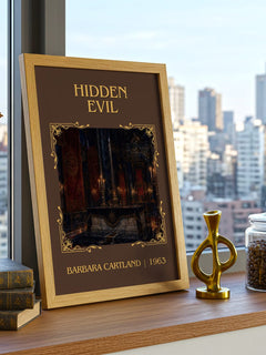 Hidden Evil Classic Book Art Print by Barbara Cartland – framed print on a city-view windowsill