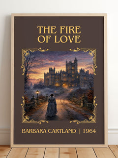 The Fire Of Love Classic Book Art Print by Barbara Cartland – framed print leaning on a wooden floor