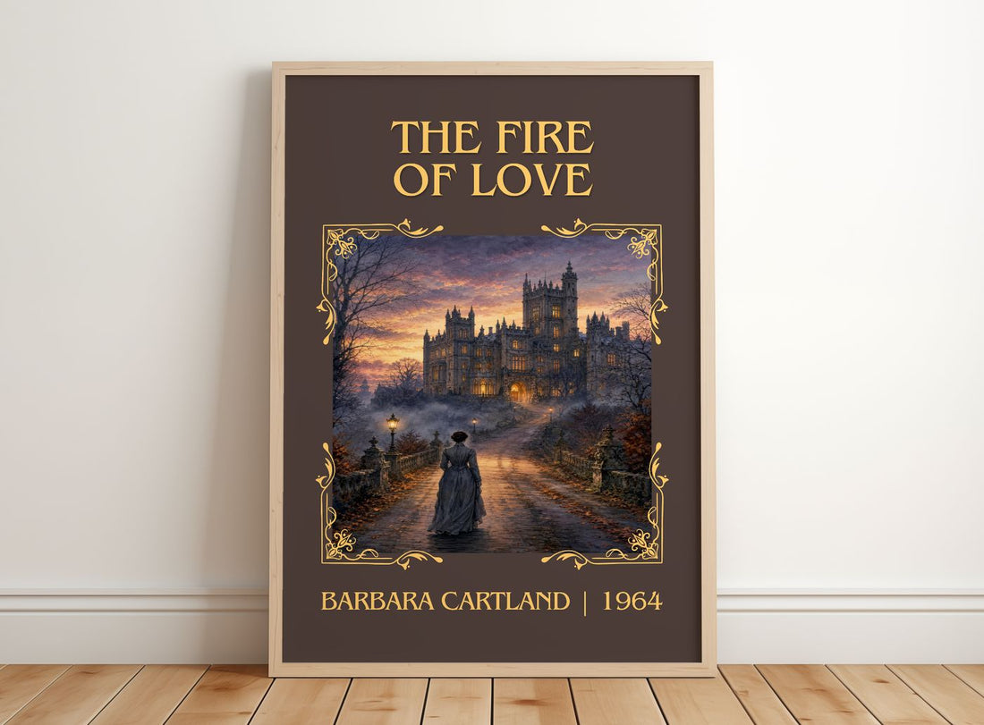 The Fire Of Love Classic Book Art Print by Barbara Cartland – framed print leaning on a wooden floor