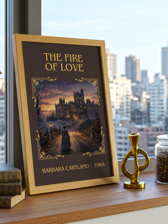 The Fire Of Love Classic Book Art Print by Barbara Cartland – framed print on a city-view windowsill