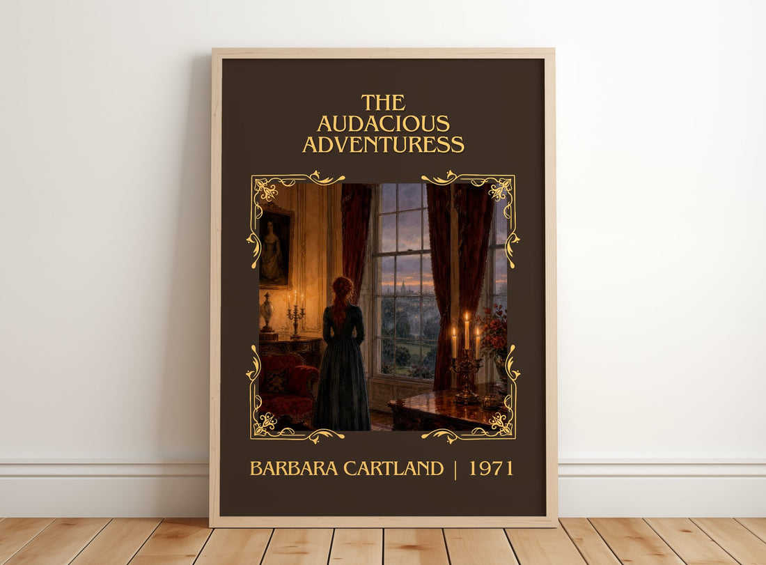 The Audacious Adventuress Classic Book Art Print by Barbara Cartland – framed print leaning on a wooden floor