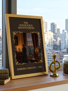 The Audacious Adventuress Classic Book Art Print by Barbara Cartland – framed print on a city-view windowsill