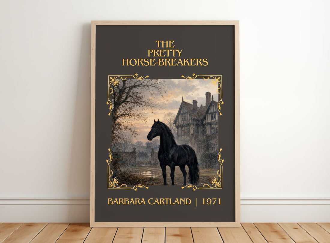 The Pretty Horse-Breakers Classic Book Art Print by Barbara Cartland – framed print leaning on a wooden floor