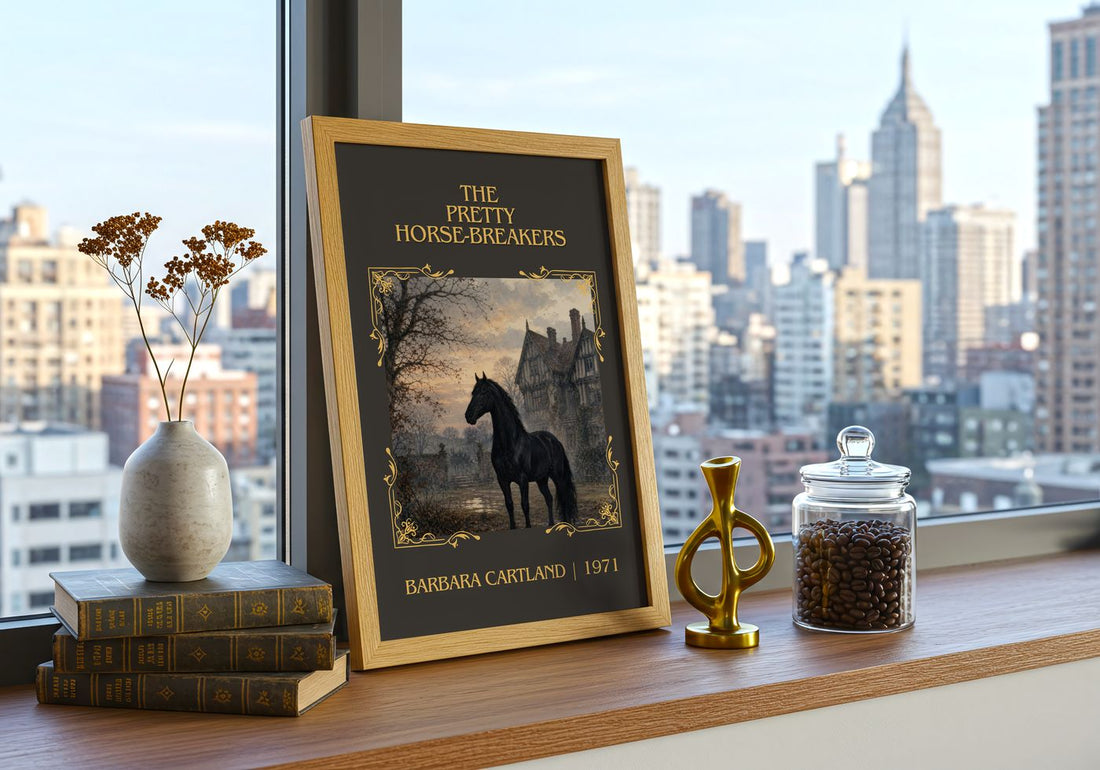 The Pretty Horse-Breakers Classic Book Art Print by Barbara Cartland – framed print on a city-view windowsill