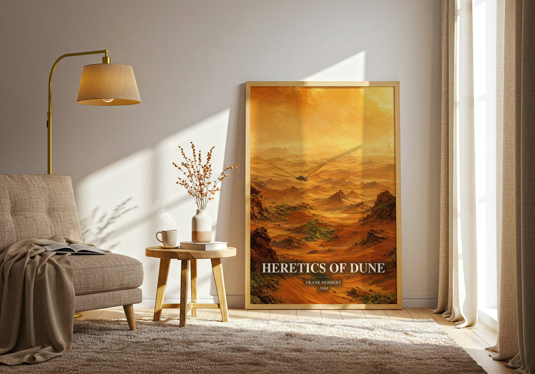 Heretics Of Dune watercolour print in frame leaning in hallway – sci fi wall art (mockup)
