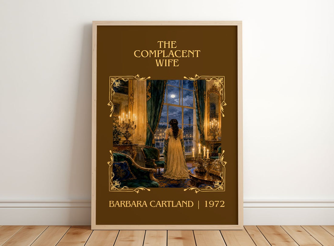 The Complacent Wife Classic Book Art Print by Barbara Cartland – framed print leaning on a wooden floor