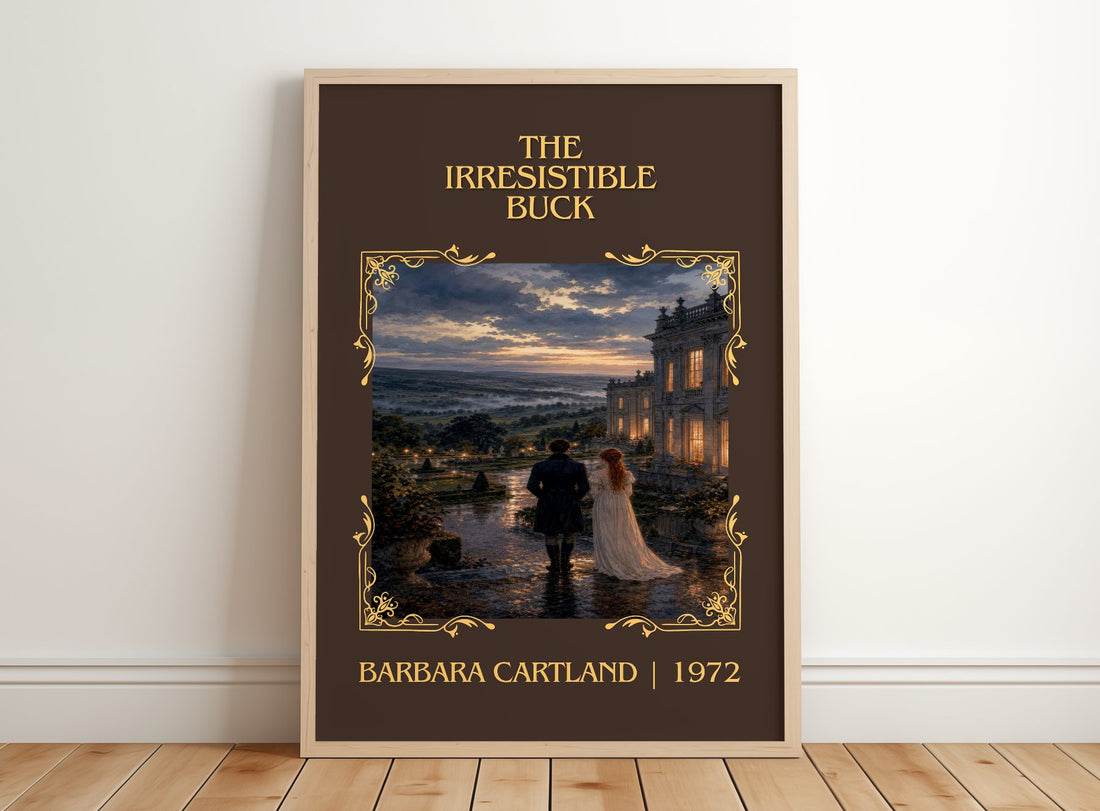 The Irresistible Buck Classic Book Art Print by Barbara Cartland – framed print leaning on a wooden floor