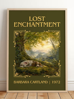 Lost Enchantment Classic Book Art Print by Barbara Cartland – framed print leaning on a wooden floor