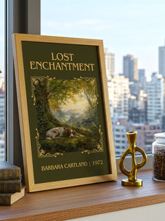 Lost Enchantment Classic Book Art Print by Barbara Cartland – framed print on a city-view windowsill
