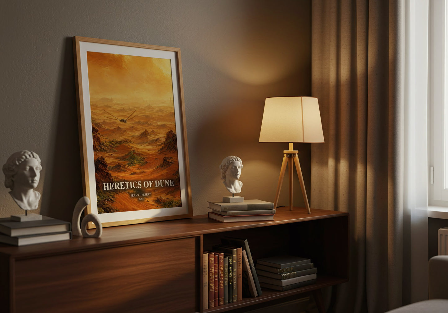 Heretics Of Dune watercolour print on bookshelf – Frank Herbert fan gift
