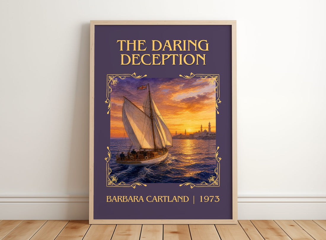 The Daring Deception Classic Book Art Print by Barbara Cartland – framed print leaning on a wooden floor