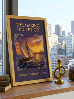 The Daring Deception Classic Book Art Print by Barbara Cartland – framed print on a city-view windowsill