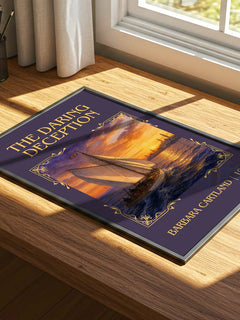 The Daring Deception Classic Book Art Print by Barbara Cartland – print on a sunlit desk