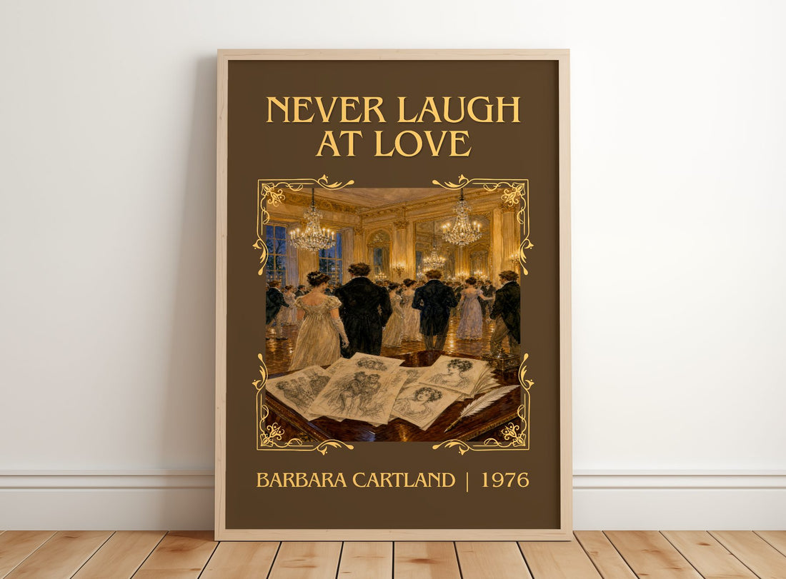 Never Laugh At Love Classic Book Art Print by Barbara Cartland – framed print leaning on a wooden floor