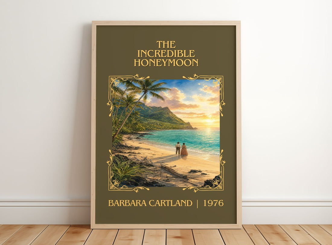 The Incredible Honeymoon Classic Book Art Print by Barbara Cartland – framed print leaning on a wooden floor